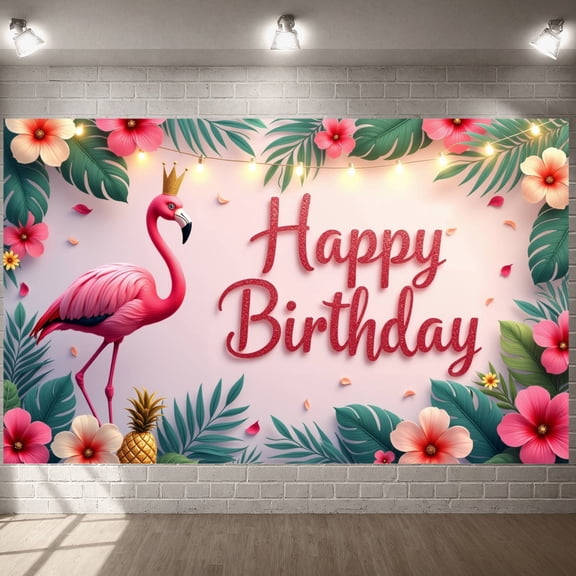 Glittery Pink Flamingo Birthday Banner Tropical Floral Backdrop Golden Crown Decor Pineapple Design Background for Kids Birthday Party Tropical Themed Event Summer Celebration
