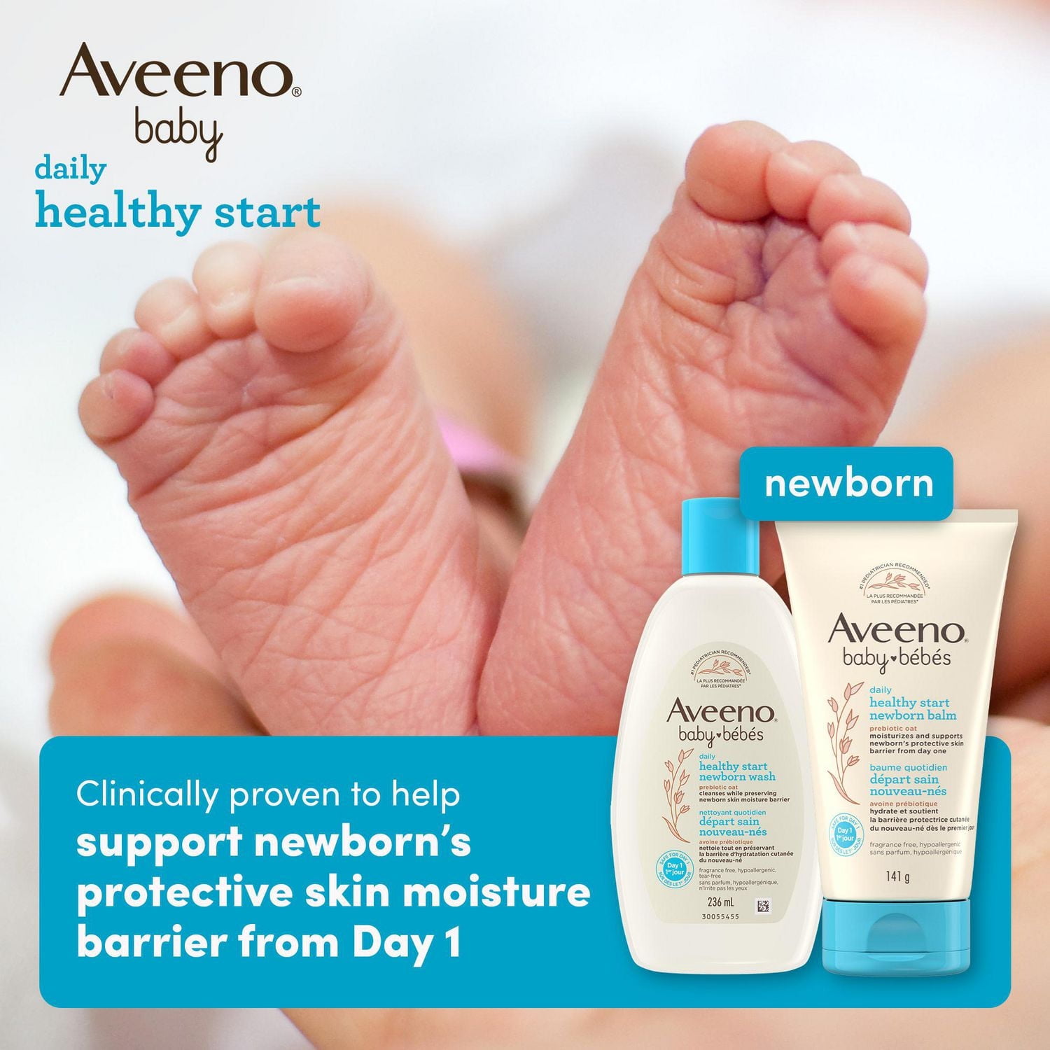 Nettoyant quotidien Départ sain nouveau-nés Aveeno pour bébés, avoine, sans parabènes, nettoyant pour le corps, nettoyant, peau délicate, sans parfum 236 mL