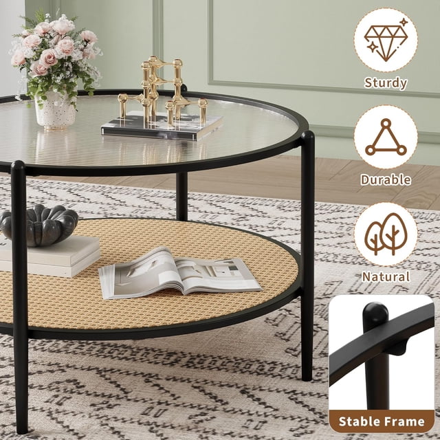 EastVita 30 Inch Rattan Coffee Table,2-Tier Round End Table with Storage,Round Water-Wave Glass Metal Center Tables,Modern Circular Coffee Tables for Small Space,Living Room,Office (Black)