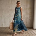 thumbnail image 3 of Jiueut Blue Ink Leaf Print Maxi Dresses for Women, Crewneck Sleeveless Maxi Dress for Women with Pockets, Linen Look Breathable Loose Fit Vacation Dress, XL, 3 of 7