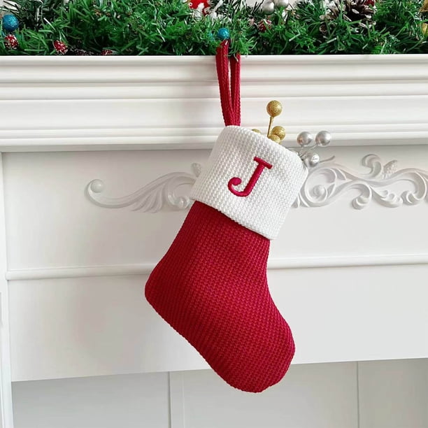 Seyotauo Christmas Stockings with Initials, Embroidered Xmas Stockings, 7" Large Knitted Xmas Stocking, Christmas Party Fireplace Family Hanging Stocking Decorations