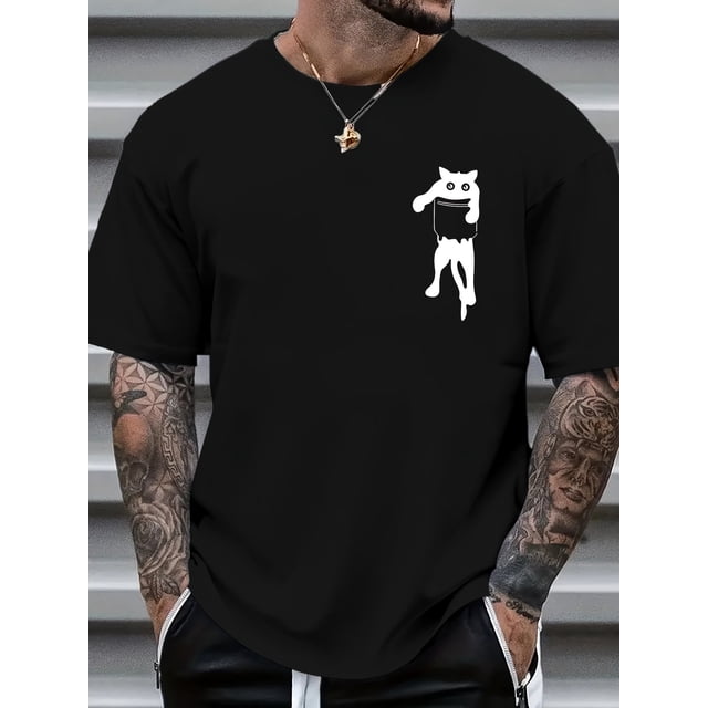 Camiseta informal con estampado de gato para hombre: cómoda y versátil, manga corta, cuello redondo, ideal para el verano y el tiempo libre.