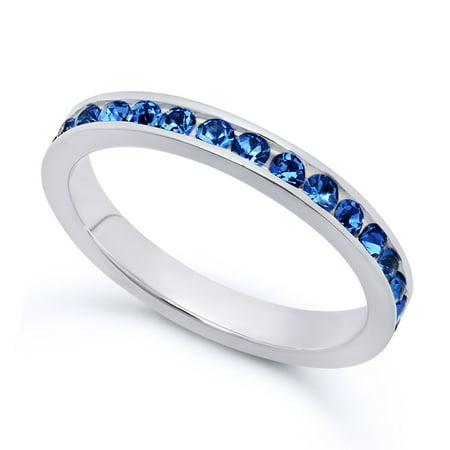 Sapphire Italian - Sterling Silver Italian Crafted 3mm Eternity Birthstone CZ Wedding Engagement Band Ring + Polishing Cloth