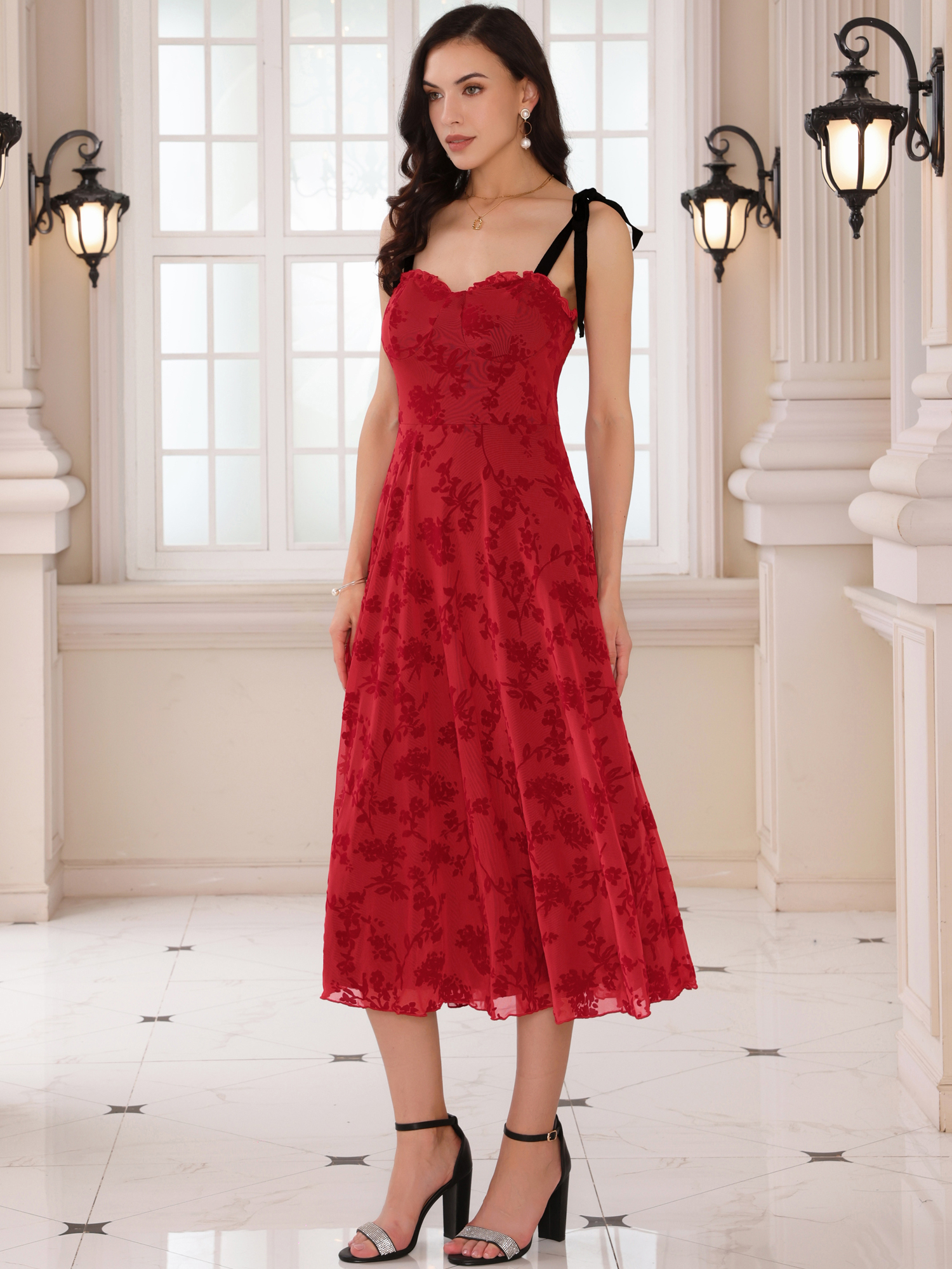 DARING DIVA Women's Gothic Floral Print Sleeveless Cocktail Dress S Red