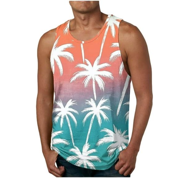 ZCFZJW Tie Dye Tropical Palm Tree Print Tank Tops for Men Loose Regular Fit Casual Summer Sleeveless Vest Quick Dry Workout Tees Shirt Hawaiian Beach Top Blue L