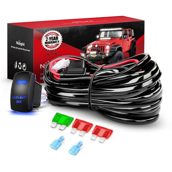 Nilight LED Light Bar Wiring Harness Kit 12AWG Heavy Duty 12V 5Pin Rocker Switch Laser On off Waterproof Switch Power Relay Blade Fuse-1 Lead,2 Years Warranty