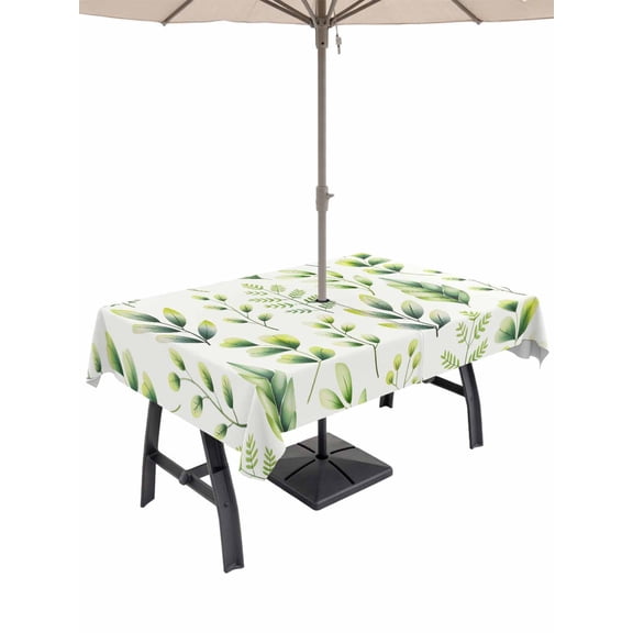 Outdoor Tablecloths with Umbrella Hole & Zipper, Sage Green Leaves Tablecloth Rectangle 60x84 Inch, Summer Botanical Farmhouse Leaf Watercolor Waterproof Table Cloth, Patio/Pool/Picnic Table Covers