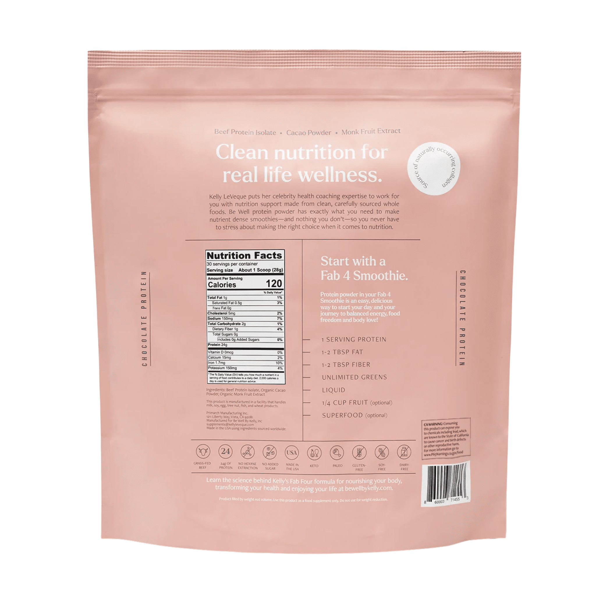 Be Well by Kelly Chocolate Grass-Fed Beef Protein Powder, 24G Protein, 1G Net Carbs, 1.87 lb