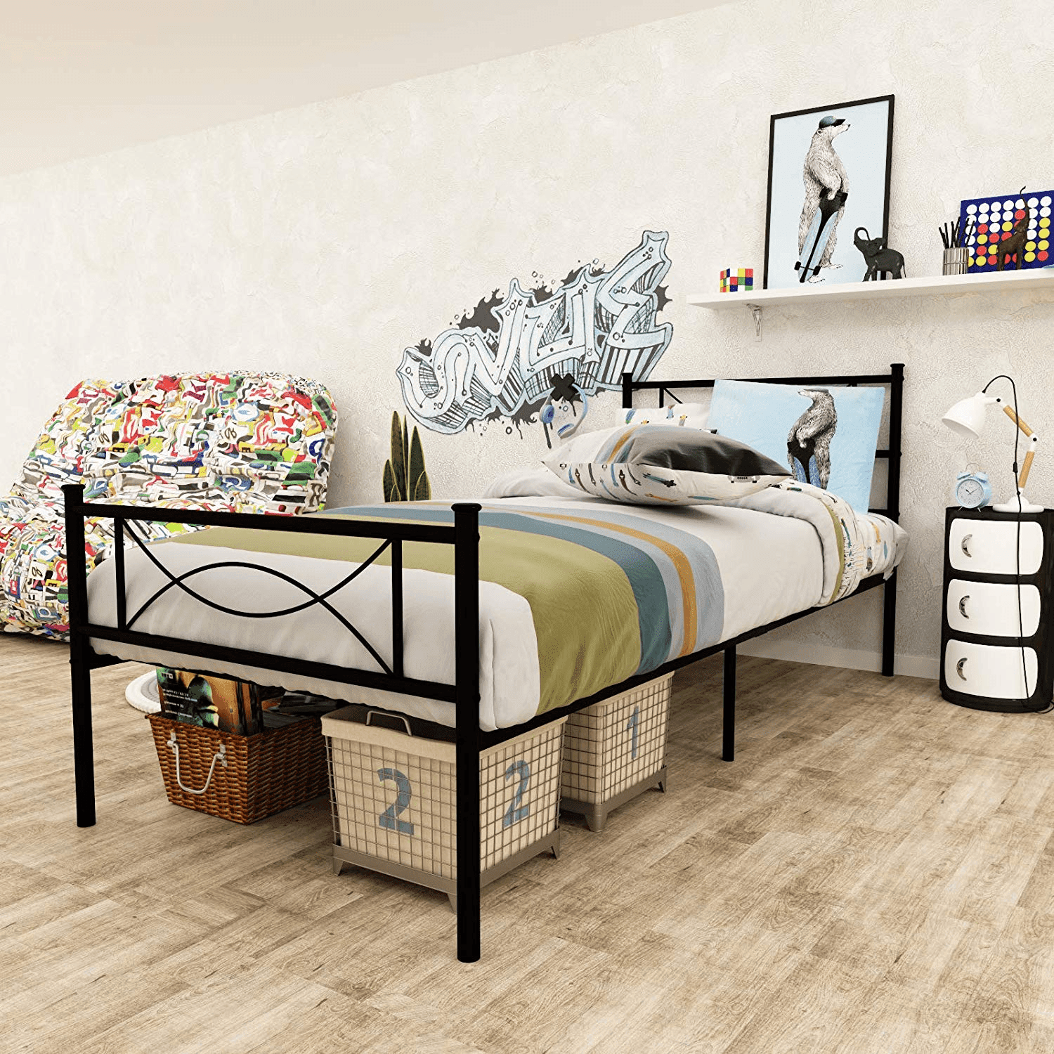 Yoneston Metal Bed Frame Mattress Foundation with Headboard and Footboard, Twin, Black