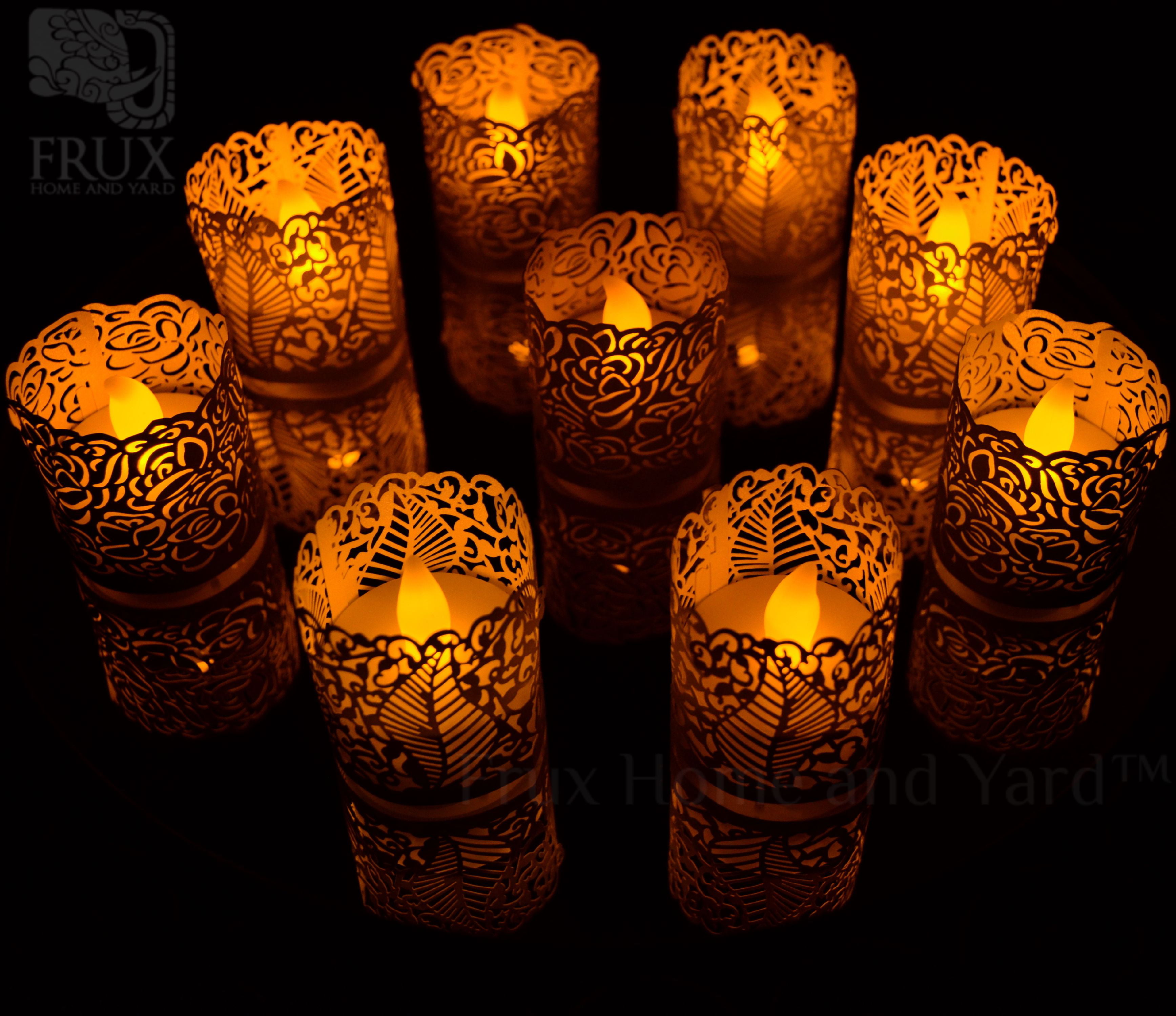 FLAMELESS TEA LIGHT WRAPS 48 Gold colored laser cut decorative wraps 