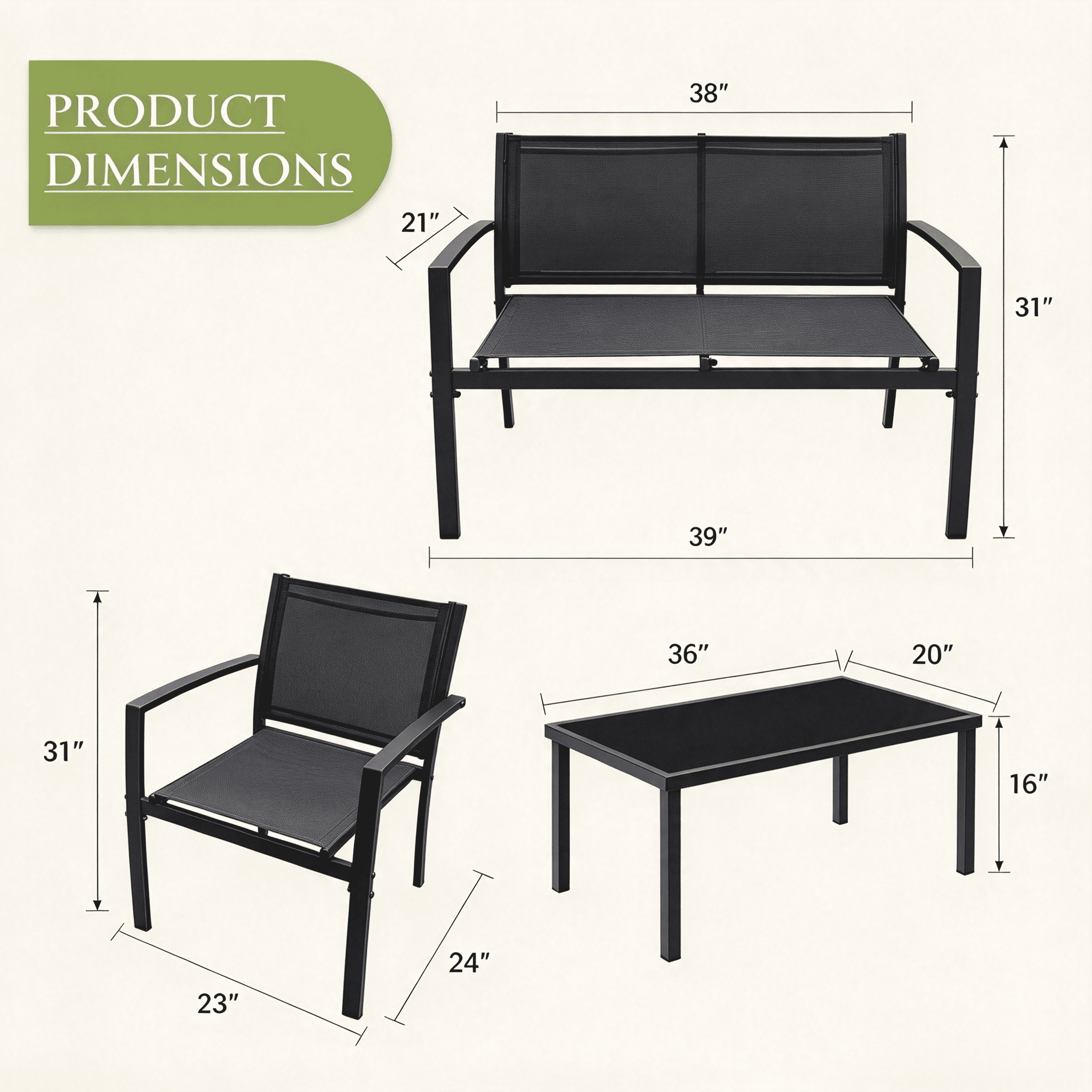 LACOO 4 Pieces Outdoor Furniture Set Patio Textilene Steel Conversation Set with Loveseat Tea Table for Lawn and Balcony, Black