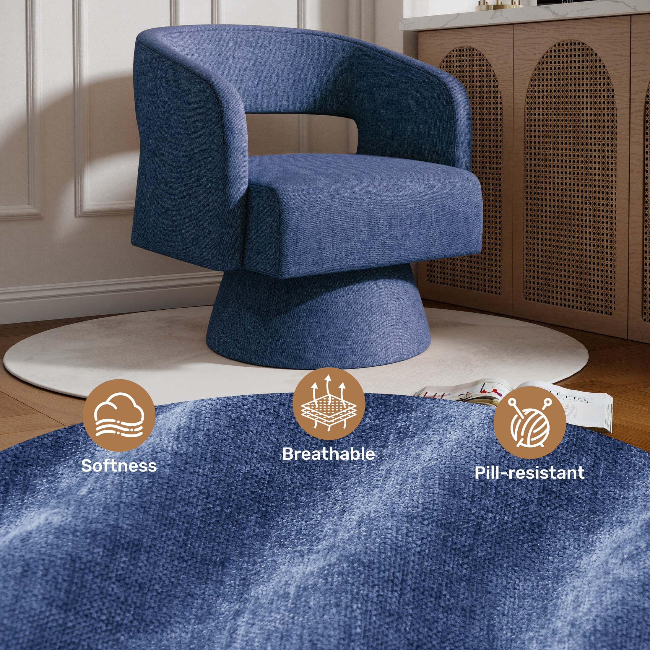 MOONMISS Oversized Chenille Swivel Barrel Accent Chair,Modern Comfy Round Arm Upholstered Armchair for Living Room,Blue