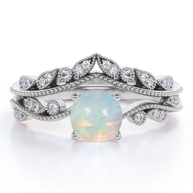 JeenMata Anillo de Novia de Banda Curva con Ópalo de Roca y Moissanita de Forma Redonda de 1 Quilate en Forma de V - Chapado en Oro Blanco de 18 K sobre Plata