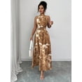 thumbnail image 6 of Khaki Watercolor Floral Print Halter Neck Smocked Waist A-Line Maxi Dress For Women, 6 of 7