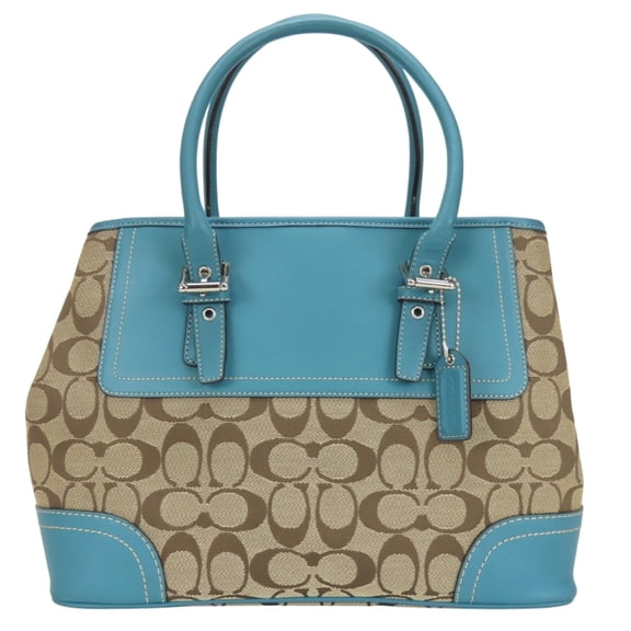 Pre-Owned Coach Signature Handbag F11220, Canvas, Leather, Beige, Blue, Silver Hardware,...