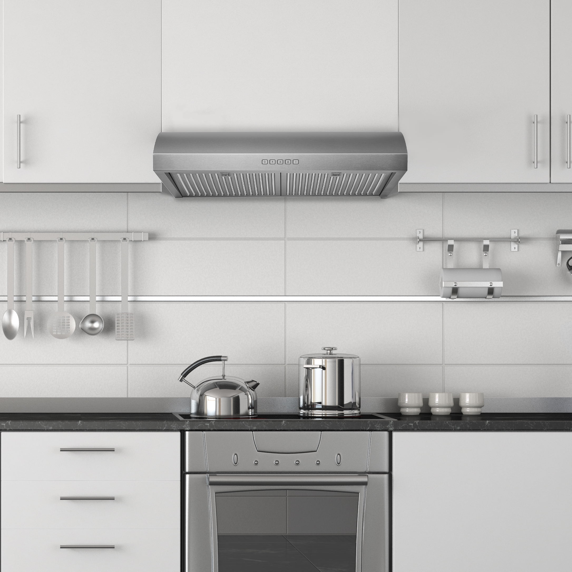 Hauslane Chef Series 30" B018 Convertible Under Cabinet Range Hood 120 Volts Minimalist 3-Way Venting 250 CFM Aluminum Filters LED in White