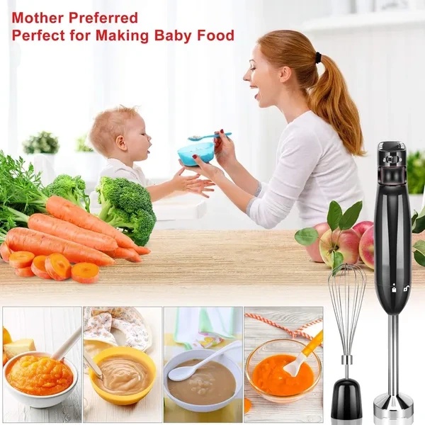 3-in-1 Immersion Hand Blender, Powerful 400W DC Motor, Variable Speed Stick Blender with Whisk, Chopper, and Measuring Cups for Smoothies, Soups and baby foods, Black