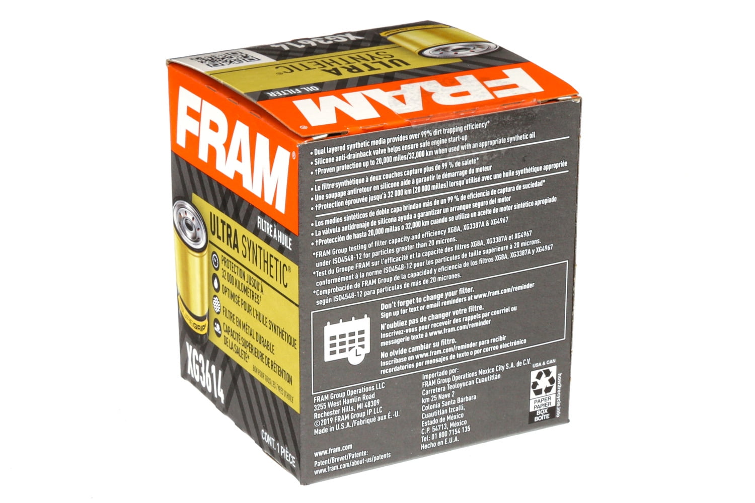 FRAM Ultra Synthetic Oil Filter, XG3614, 20K mile Replacement Engine Oil Filter for Select Ford Vehicles