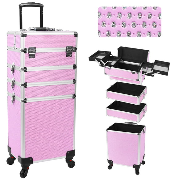 CHUANGJIN Professional Rolling Makeup Case with Wheels, 5-in-1 Makeup Train Case, Cosmetic Makeup Trolley Cart Travel Cosmetology Case On Wheels with Key for Hairstylists, Nail Tech,