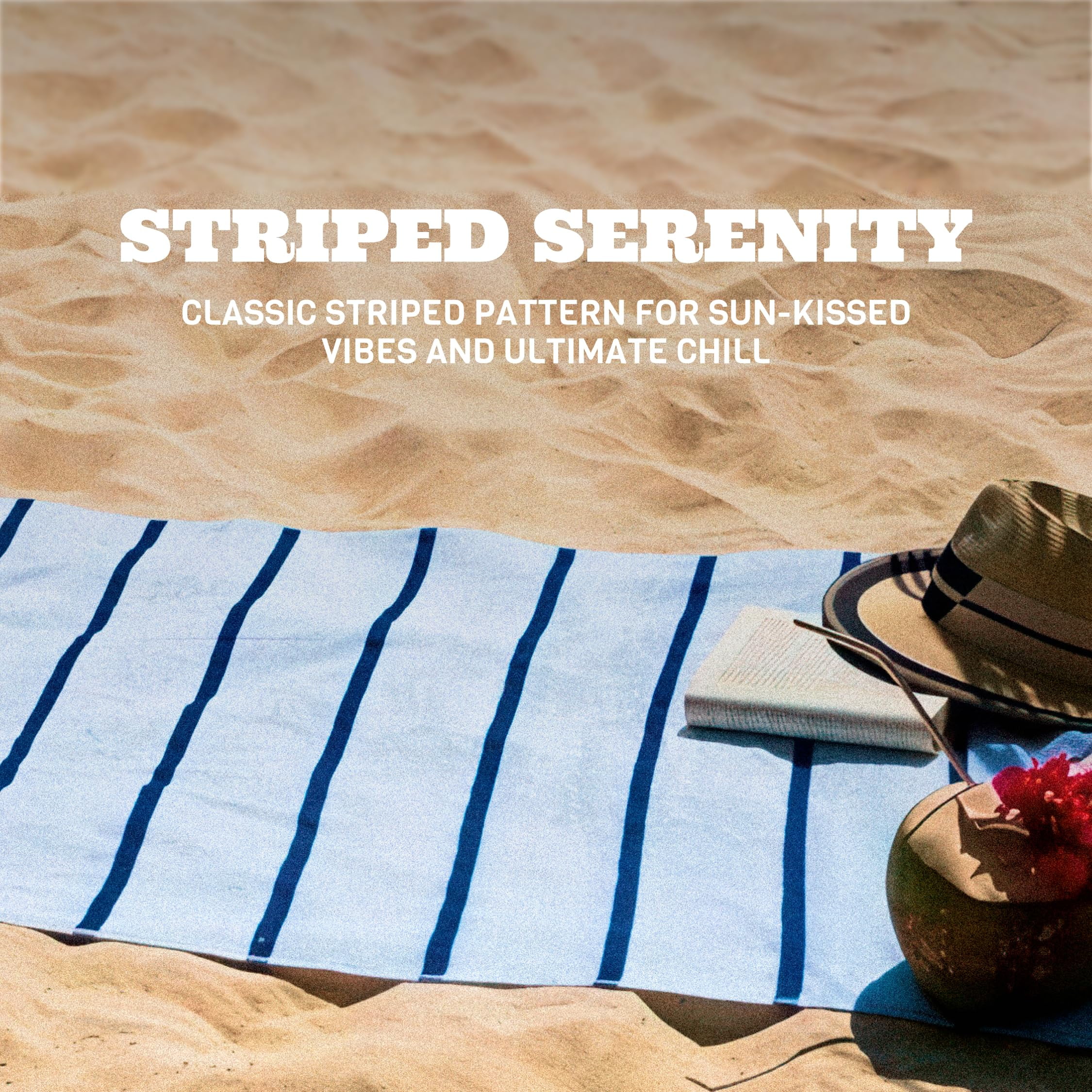 White Classic Luxury Navy Blue Striped Cotton Beach Towels, 35 x 70, 3 Count