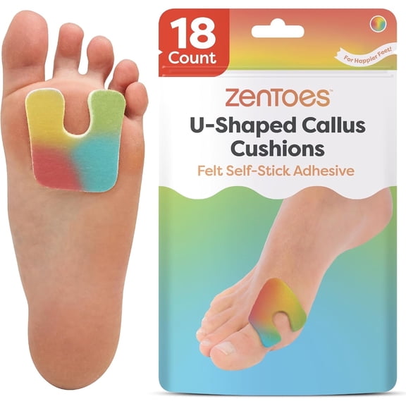 ZenToes Callus Pads, U-Shaped Design Moleskin, Self-Stick Adhesive Felt All Day Comfort Cushions, 18 Count, Zenrainbow