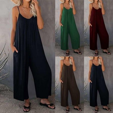 Popular Picks  Women s Summer European Solid Pocket Casual Jumpsuit  Sling Bag  Lightweight  Solid Color  Comfortable Fit  Versatile  Daily Wear  Easy to Care | Sopatenor  COFFee L