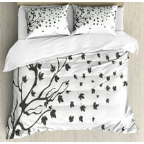Grey and White Queen Size Duvet Cover Set, Maple Leaf Silhouettes Botanical Branches Autumn Illustration, Decorative 3 Piece Bedding Set with 2 Pillow Shams, Charcoal Grey and White, by Ambesonne
