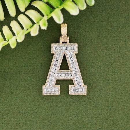 Silver Shop Customize Initial A Letter Pendant Baguette Cut CZ 14K Yellow Gold Finish Silver
