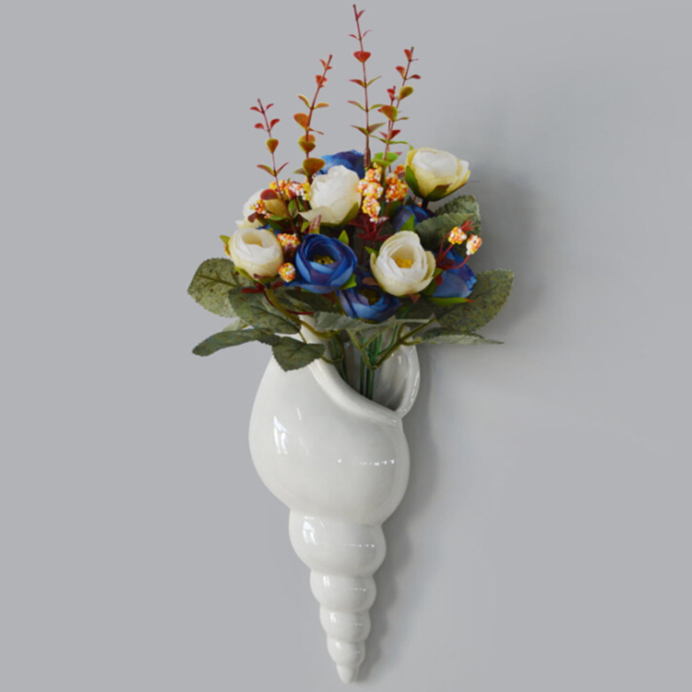 Modern 3D White Ceramic Sea Shell Flower Vase Conch Wall Hanging Home Decor