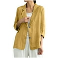 thumbnail image 4 of Summer Linen Blazer for Women Lightweight 3/4 Stretchy Ruched Sleeve V Neck Casual 2 Button Blazer Jacket With Pockets M-3X Yellow, 4 of 7