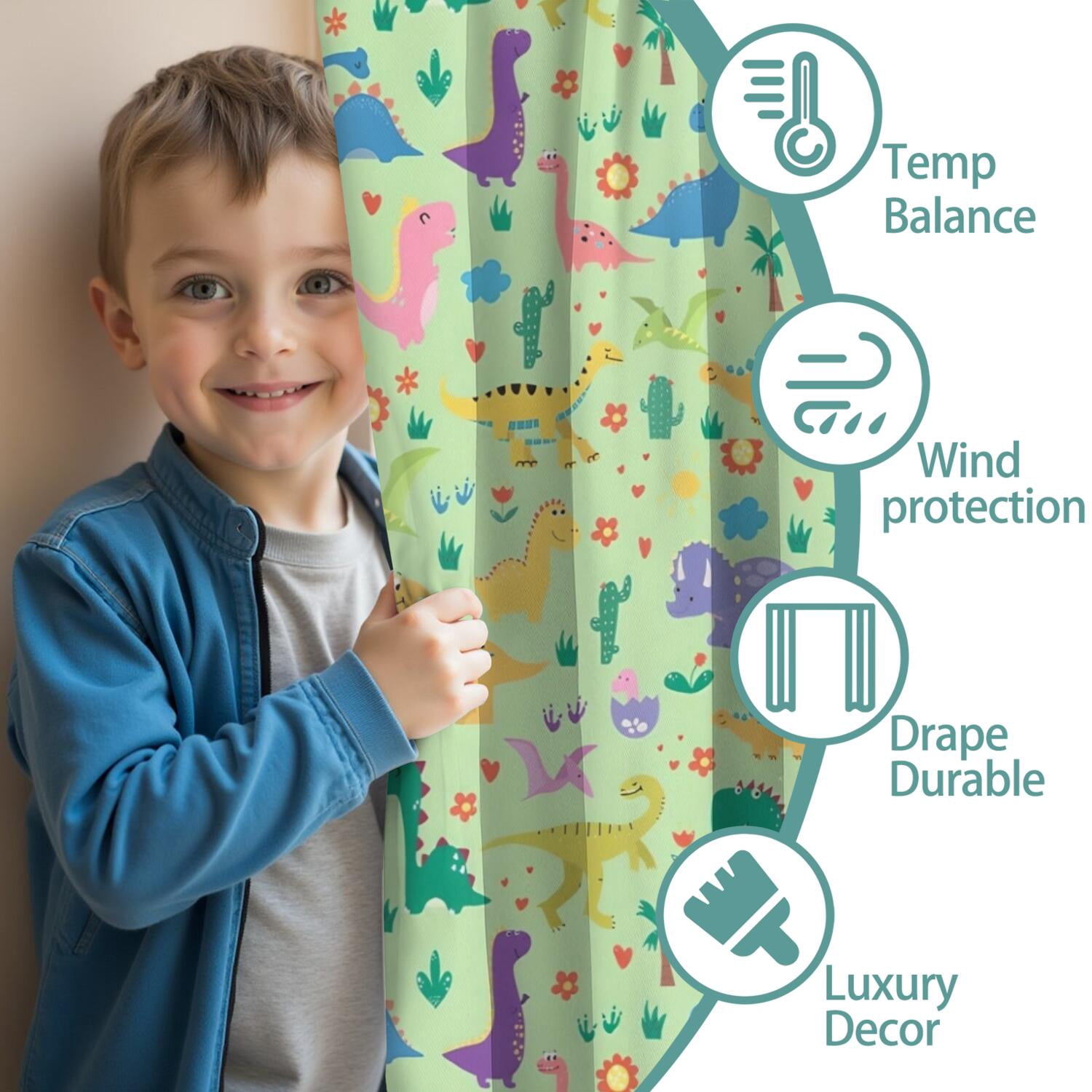 Blackout Kids Curtains,Green Dinosaurs Cacti Pattern Childrens Insulated Curtains Set Of 2,Bedroom Essentials,Toddler Room Decor 42"x63"