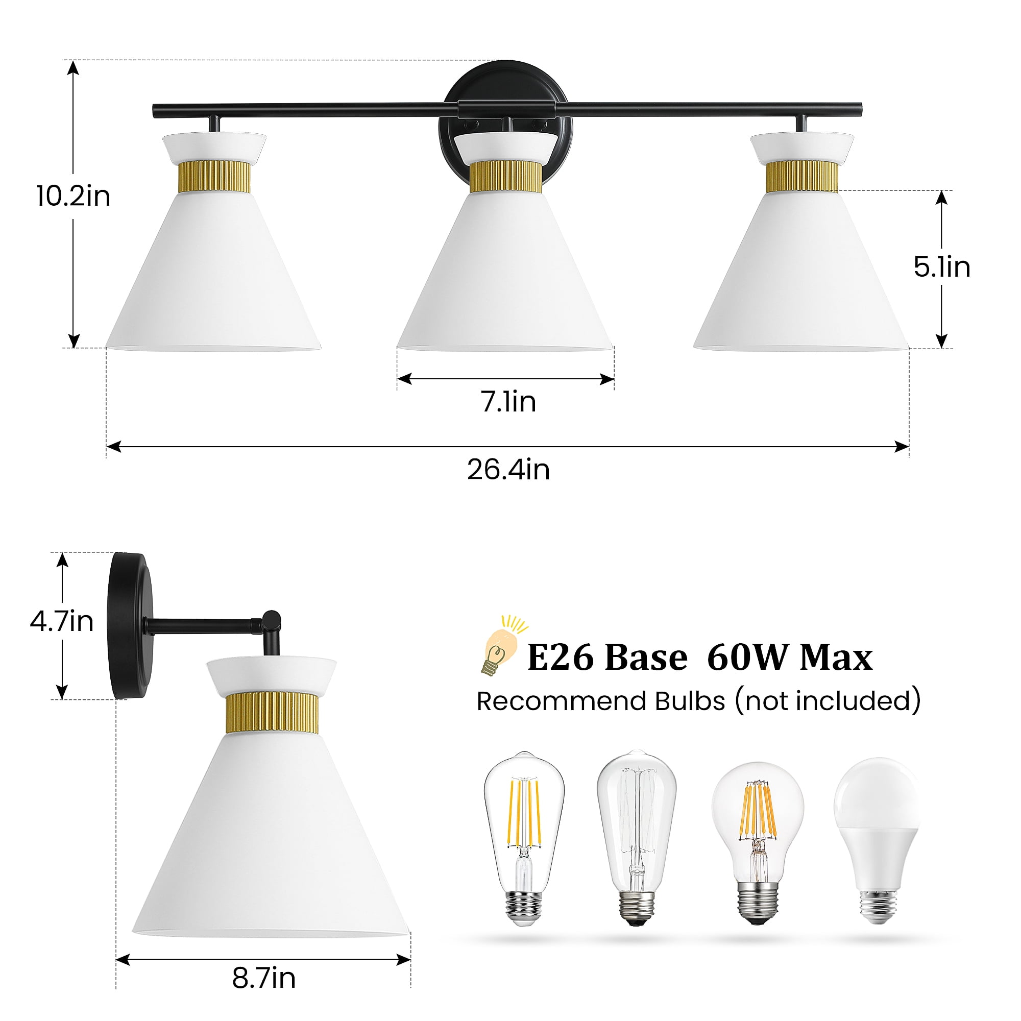 3-Lights Vanity Lights for Bathroom Black and Gold Wall Sconce Lighting with Frosted Milky Glass for Over Mirror Bedroom Hallway