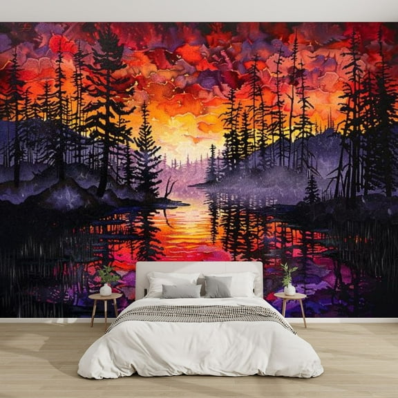 Modern Wallpaper Murals 3D Silhouetted Foreground Trees Pointillism Style Sunrise Print Peel and Stick Removable Self-Adhesive PVC Wall Stickers for Nursery Kids Bedroom TV Wall Decor