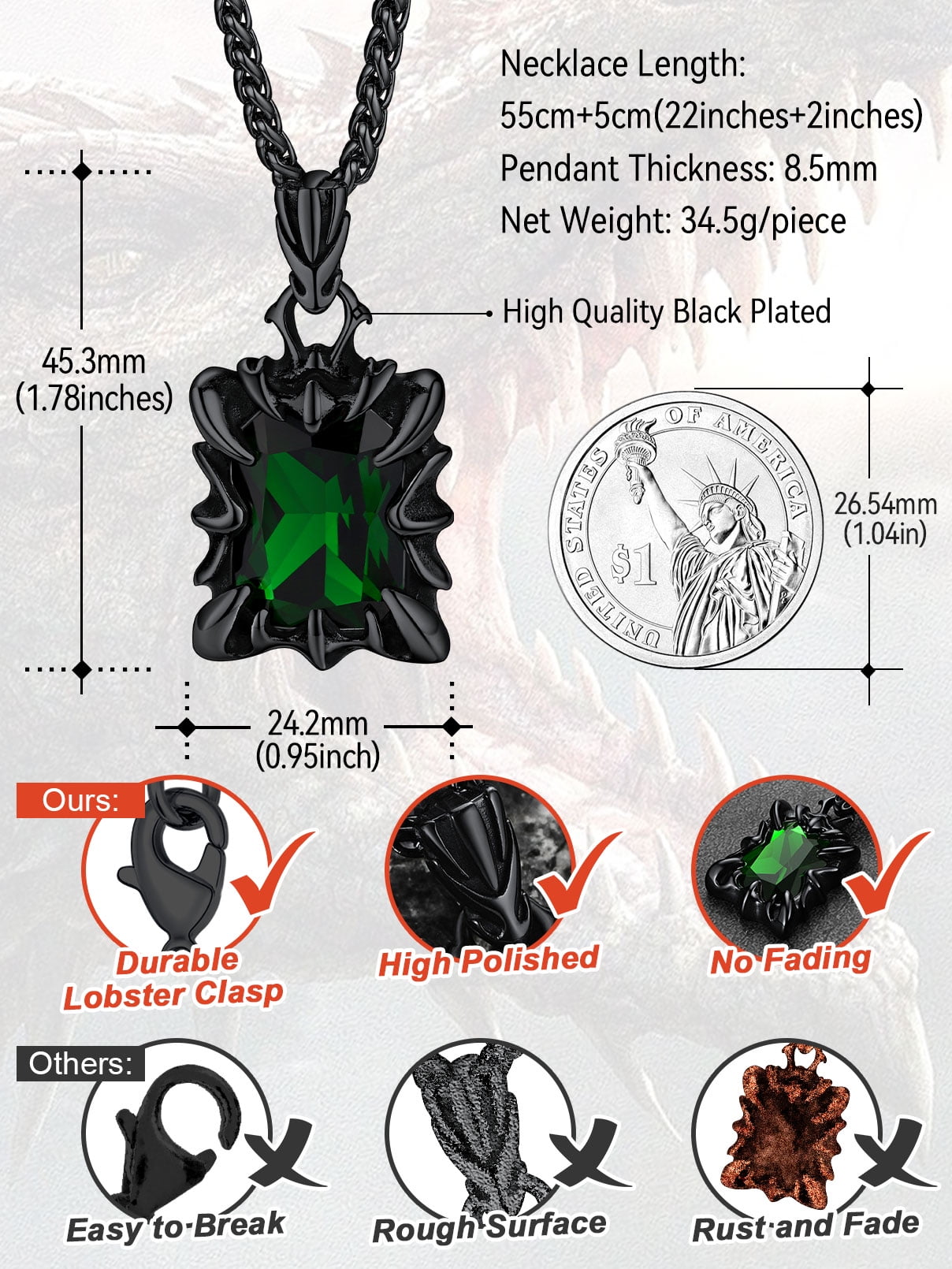 FaithHeart Green Crystal Necklace Dragon Claw Pendant