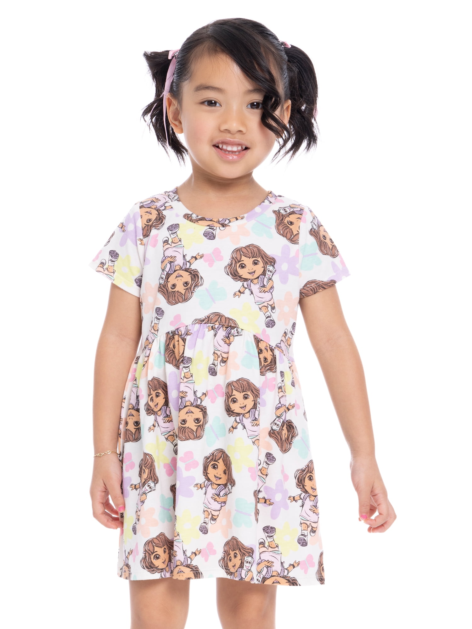 Dora the Explorer Toddler Girl All Over Print Short Sleeve Dress, Sizes 12 Months-5T