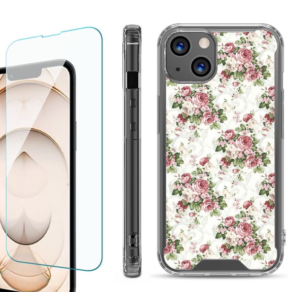 Shockproof Bumper Phone Case for iPhone 13, with Tempered Glass Screen Protector, by OneToughShield ® - Floral/Rose