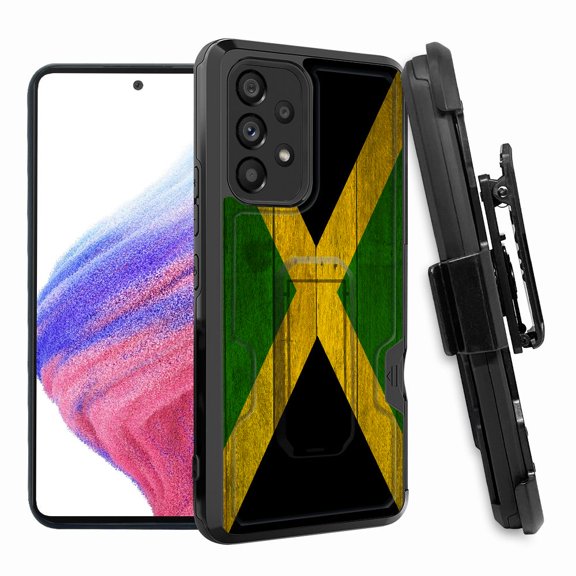 ANJ  Rugged Shockproof Hoster Case w/Card Slot, Kickstand   Tempered Glass Cover for Samsung Galaxy A33 5G - Jamaican Flag