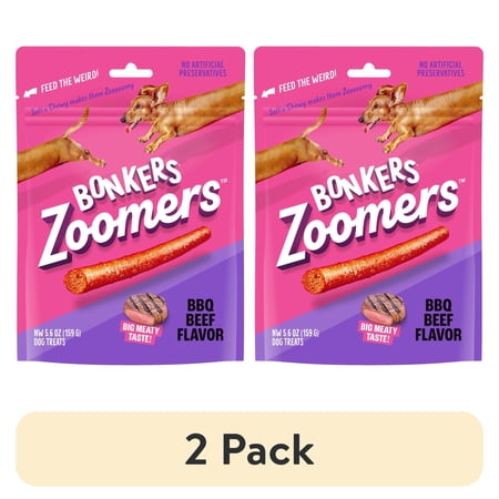 (2 pack) BONKERS Zoomers BBQ Beef Flavor Soft & Chewy Treats for Dogs, 5.6oz Bag