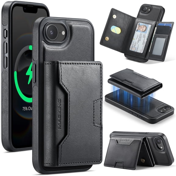 2 In 1 Design for iPhone 16e Detachable Magnetic Wallet Case with Magnetic Snap, RFID Blocking Card / Cash Slots Shock-Absorbent PU Leather Classic Kickstand Rugged Phone Case Cover, Black