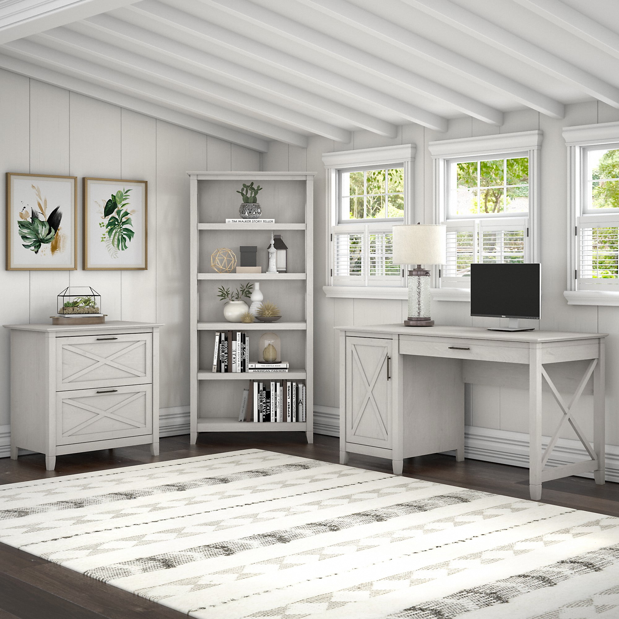 Key West 54W Computer Desk with Storage in Linen White Oak - Engineered Wood