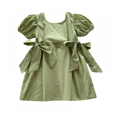 

Toddler Little Girls Solid Bow Dress Short Sleeve Tutu Party Dresses Green 1-7 Years
