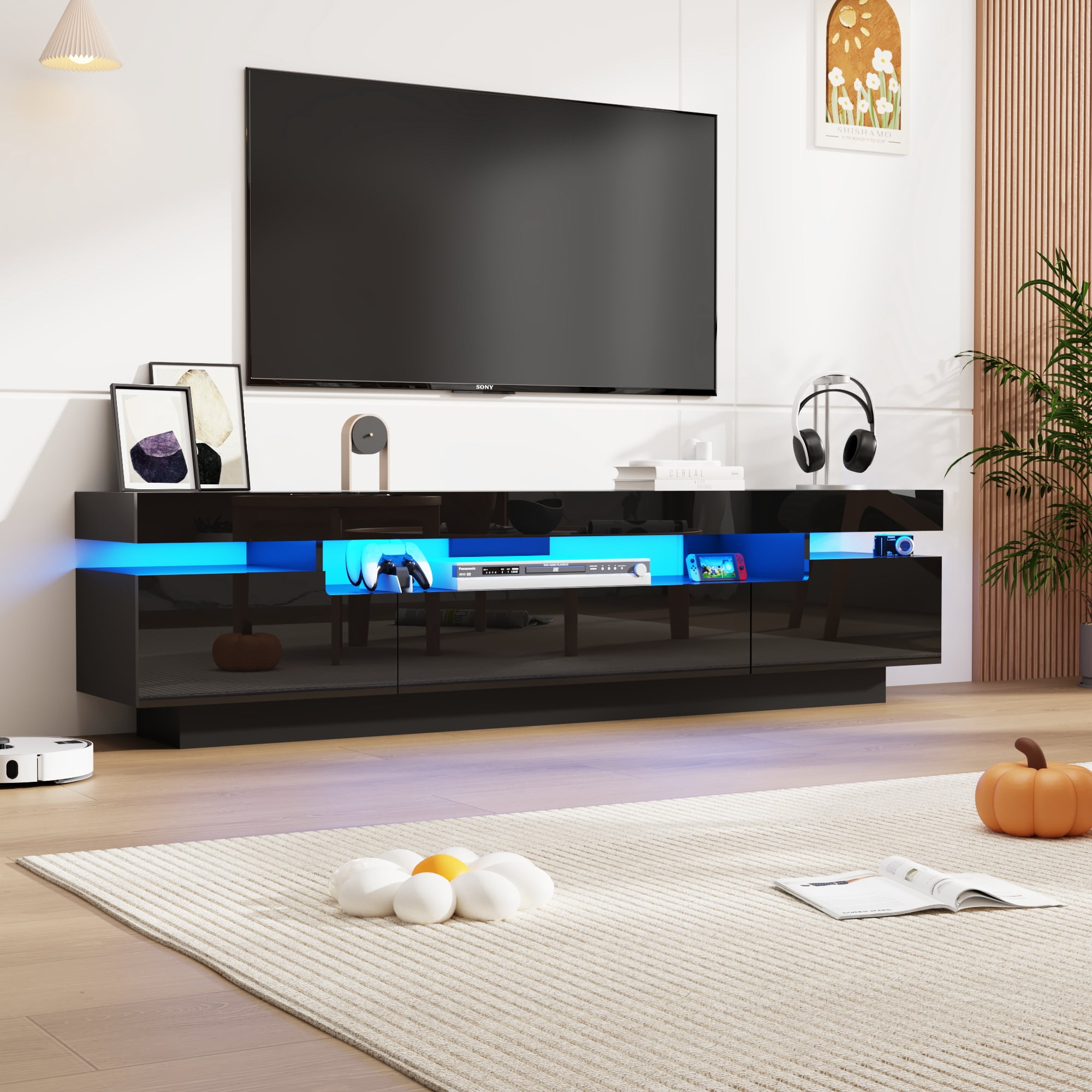 ChVans 70.9" Large LED TV Stand for 70/75/85" TV, Black High Gloss Entertainment Center w/LED Lights & Storage Drawers Furniture, Living Room TV Cabinet Console Table, Black-70.9"