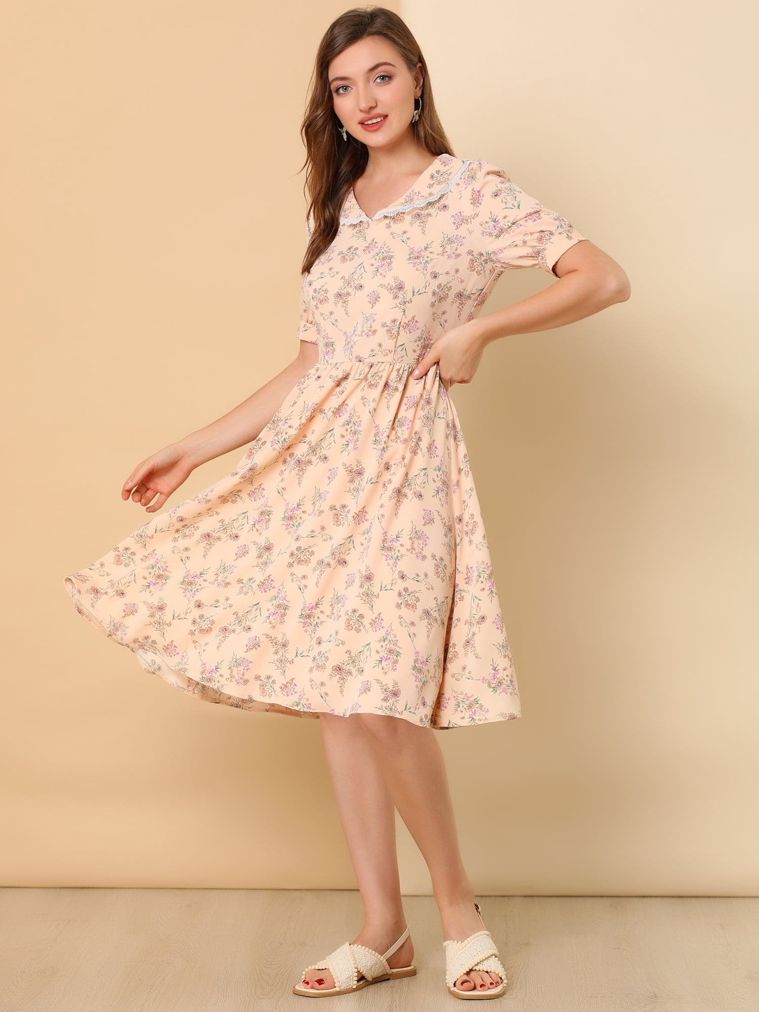 DARING DIVA Peter Pan Collar A-Line Flowy Midi Chiffon Floral Dress S Pink