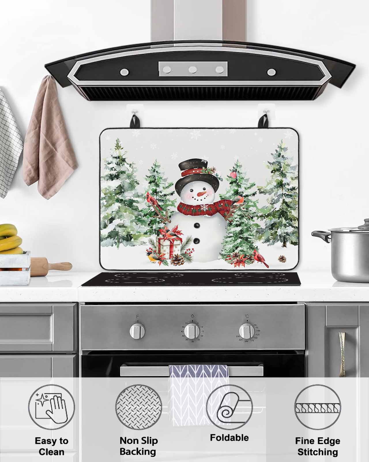 Large Induction Cooktop Protector Mat Grey Christmas Stove Top Covers for Electric Stove, Snowman Xmas Trees Snowflake Birds Watercolor Decorative Stove Burner Cover Mats, Glass Top Stove Cover