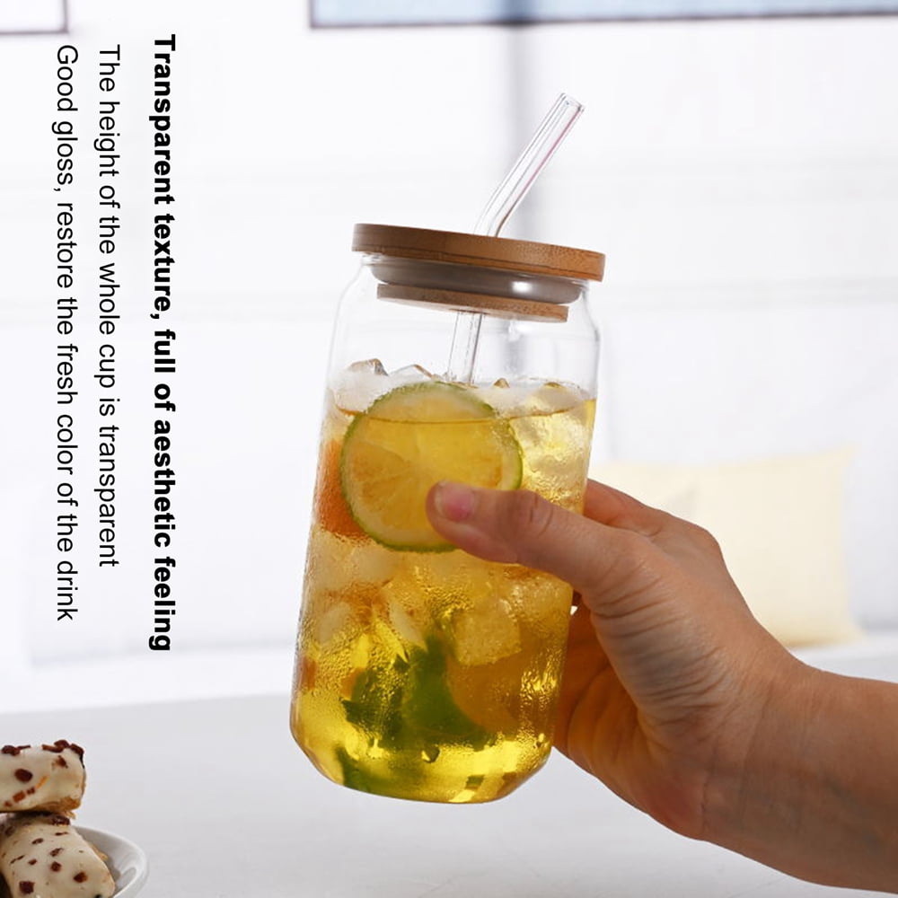 Drinking Glasses with Bamboo Lids and Glass Straw 16oz Can Shaped