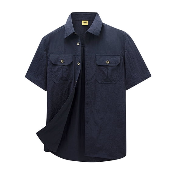 LIIPEE Men Shirts Casual Loose Fit Solid Color Short Sleeve Lapel Summer Shirt Male Button Up Fashion Tops With Pockets Outdoor Comfortable Breathable Soft Daily Shirts,Blue,L