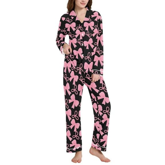 joogoo Pajamas Set for Women Pink Bows Long Sleeve Pjs Loungewear L