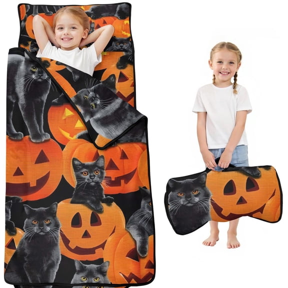 Halloween Black Cats and Pumpkins Pattern Toddler Nap Mats for Kids Preschool,50"x20" Sleeping Mat Bag or Kids,Toddler Sleeping Bag,Toddler Nap Mat or Daycare