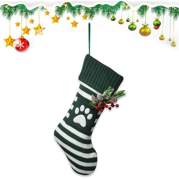 1Pcs Large Christmas Stockings Xmas Fireplace Hanging Stockings Burgundy Red Knit Stocking White Stripes Stockings Gift Holding Bag for Home Christmas Decorations Party Favor Supplies