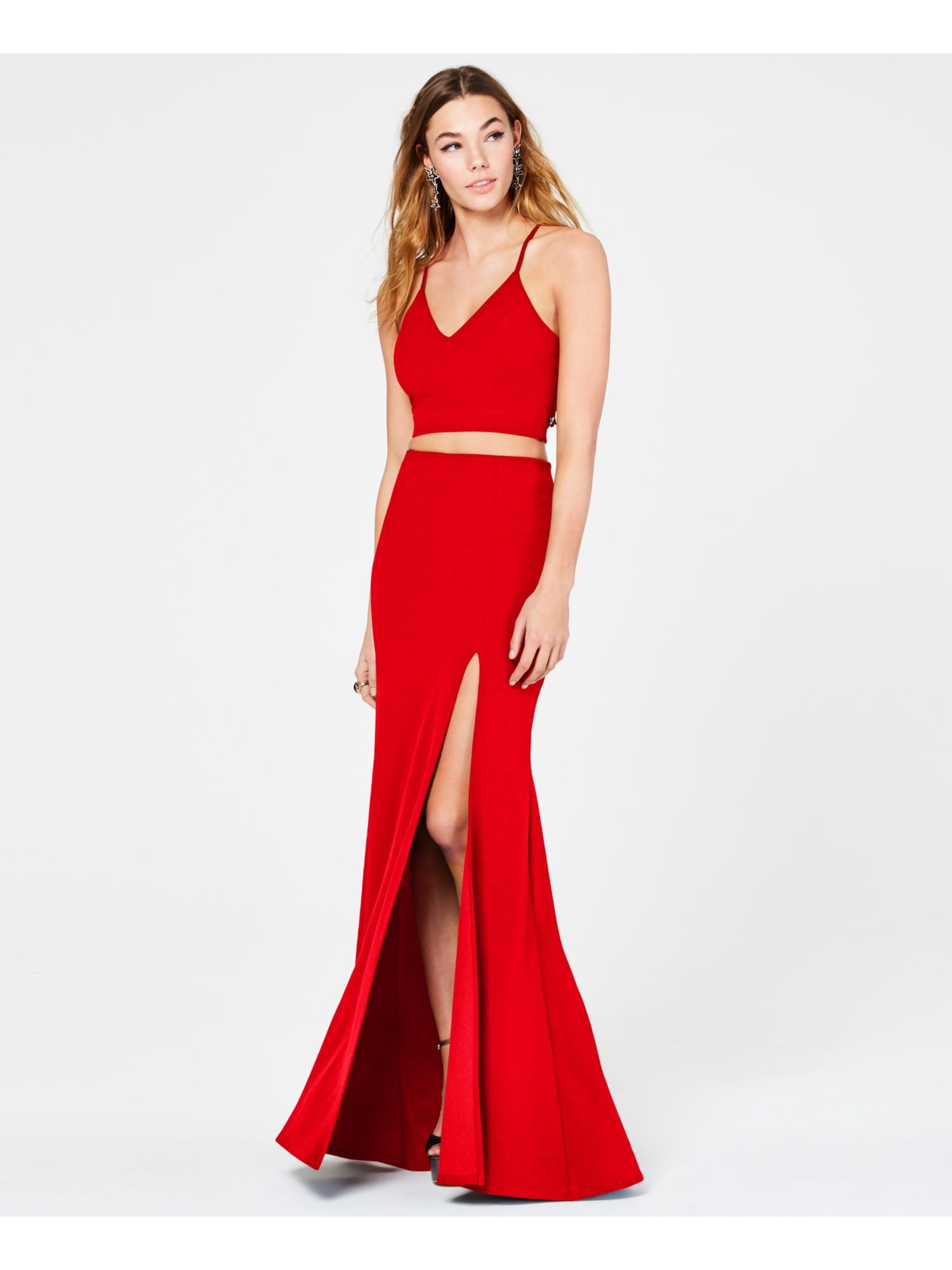 B Darlin B DARLIN Womens Red Slitted Spaghetti Strap V Neck Full